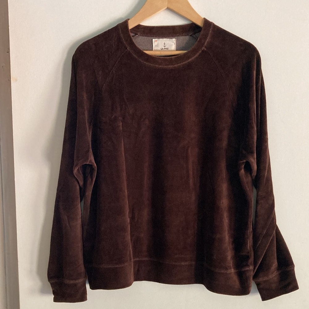 La Paz Unisex Dark Chocolate Brown Velour Pullover Sweatshirt Size S 44" Chest